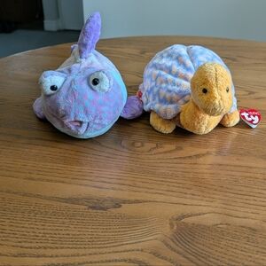 Ty Plush Set - Multicolor Puffer Fish  and a Turtle. Cruiser And Googly. GUC.
